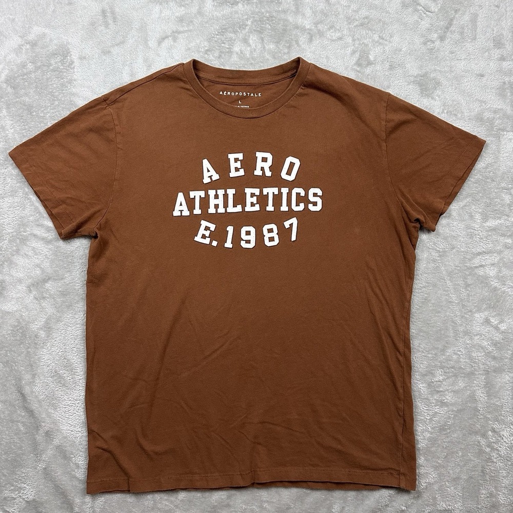 Aeropostale Brown‎ Graphic T-Shirt AERO Athletics Spell Out  Mens Size L Retro